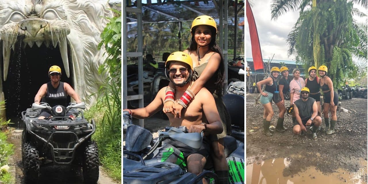 Three ATV options at the Sedang arena: a single quad leaving the lion-head tunnel, a couple on a tandem, and a muddy group in boots