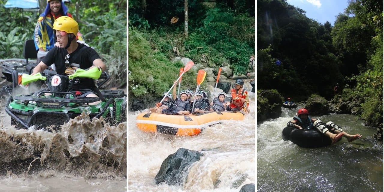 Three panels: a quad splashing through a river crossing, a raft crew with paddles up, and a guest tubing through a jungle canyon