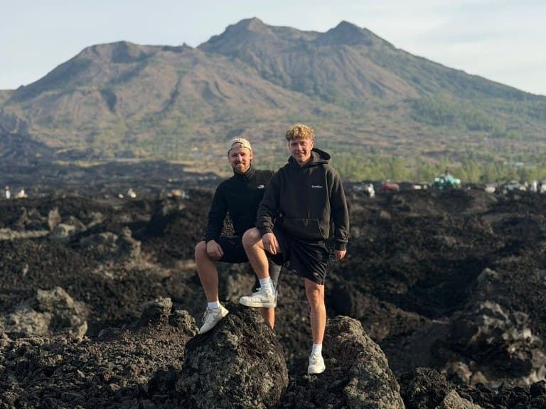 Jeep guests on the black lava field below Mount Batur, no summit hike needed