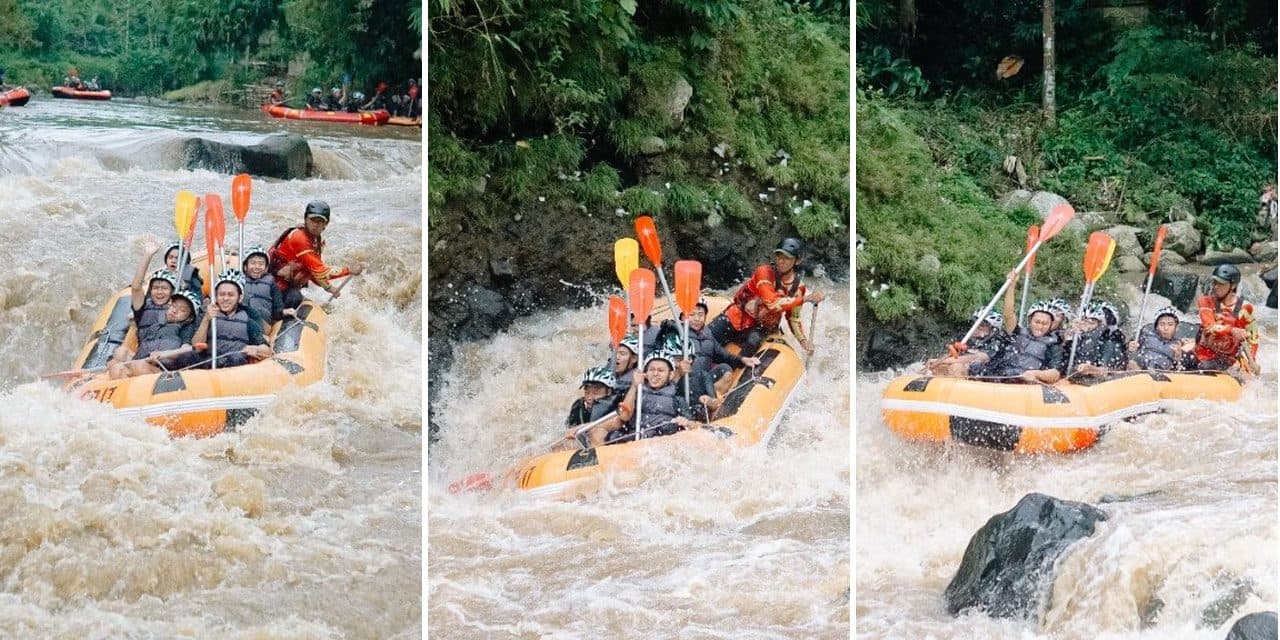 Three moments on the Ayung River: a raft crew in a rapid, a raft dropping through white water, and paddles raised